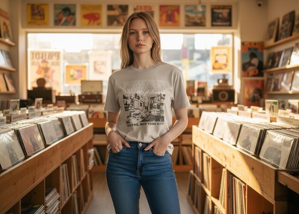 Doe Main Street Market Vinyl Records Graphic T Shirt Large Beige Queens NYC Tee